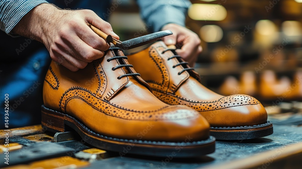 Fototapeta premium Craftsman meticulously finishes a pair of handcrafted, light brown leather shoes with intricate detailing, showcasing superior quality and craftsmanship