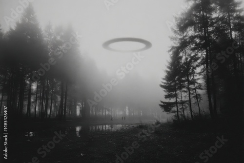 A mysterious monochrome landscape featuring a UFO sighting amidst a dense, foggy forest, creating an eerie and otherworldly atmosphere with silhouetted trees.