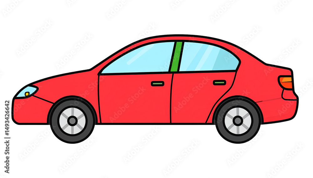 Fototapeta premium A simple red sedan car illustration with two doors and visible wheels.