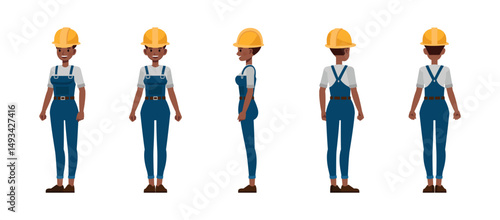 Women construction worker front, side and back view wear blue repairman apron character vector illustration design set. Presentation in various action.