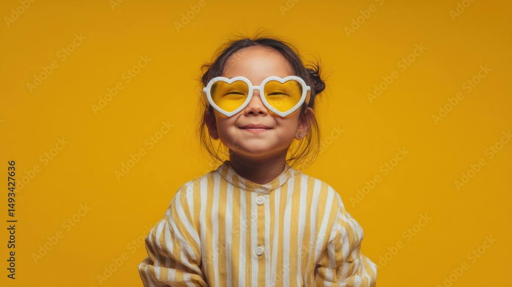 Smiling Little Girl Wearing Heart Shaped Sunglasses on Yellow Background Studio Shot Portrait Cute Child Fashion Smiling Little Girl Wearing Heart Shaped Sunglasses on Yellow Background Studio Shot Portrait Cute Child Fashion