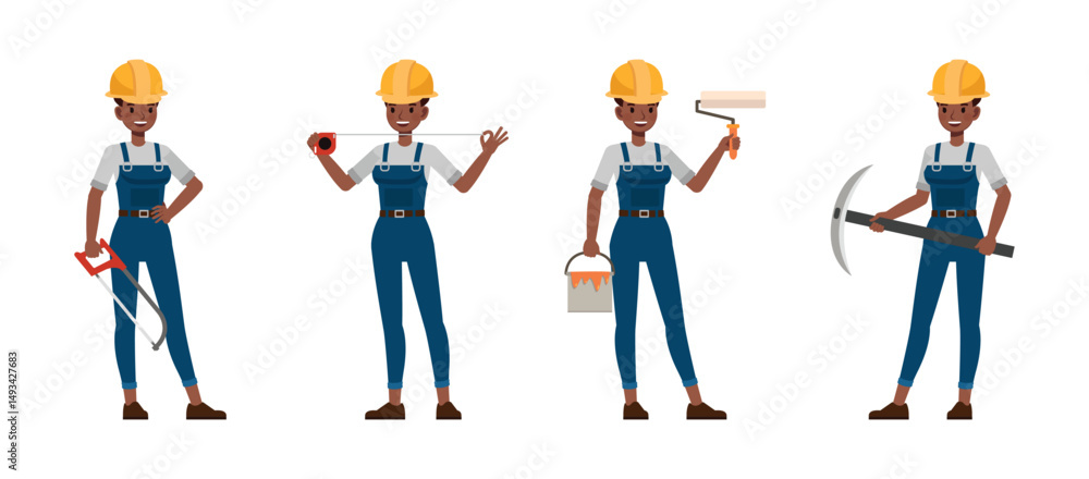 Fototapeta premium Women construction worker wear blue repairman apron, holding saw, tape measure and paint bucket. Character vector illustration design set.
