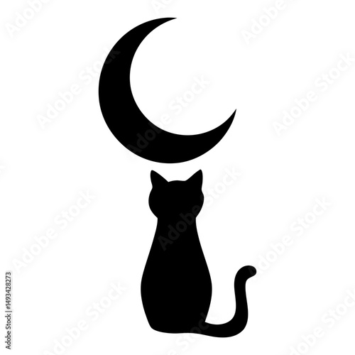 Silhouette of a cat gazing at the crescent moon in the sky