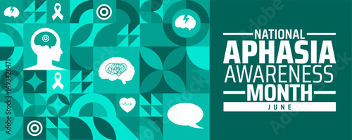 Aphasia Awareness Month geometric shape pattern background banner or poster design template. observed every year in June. Holiday concept. June Campaign for Communication Disorder. Brain Illustration.