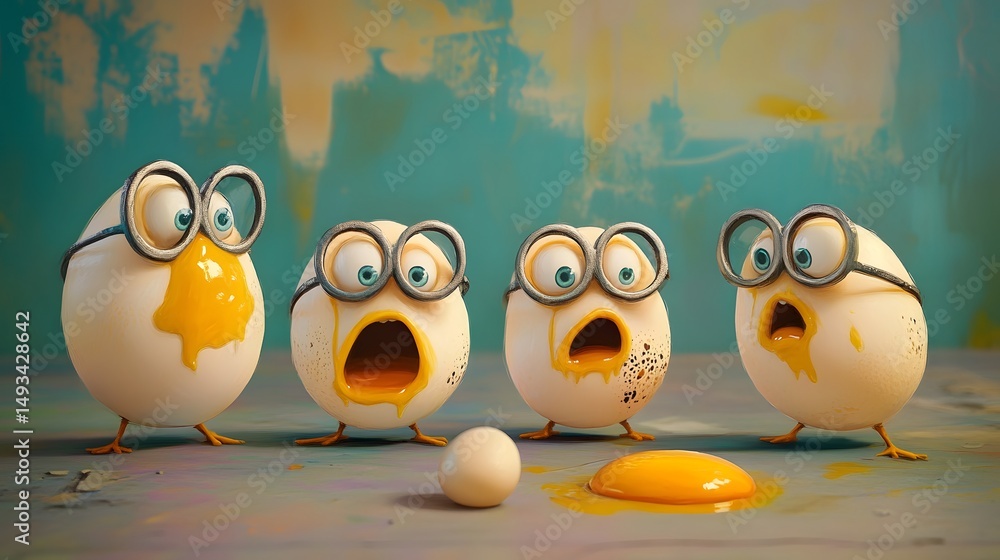 Obraz premium Four cartoon eggs with surprised expressions.