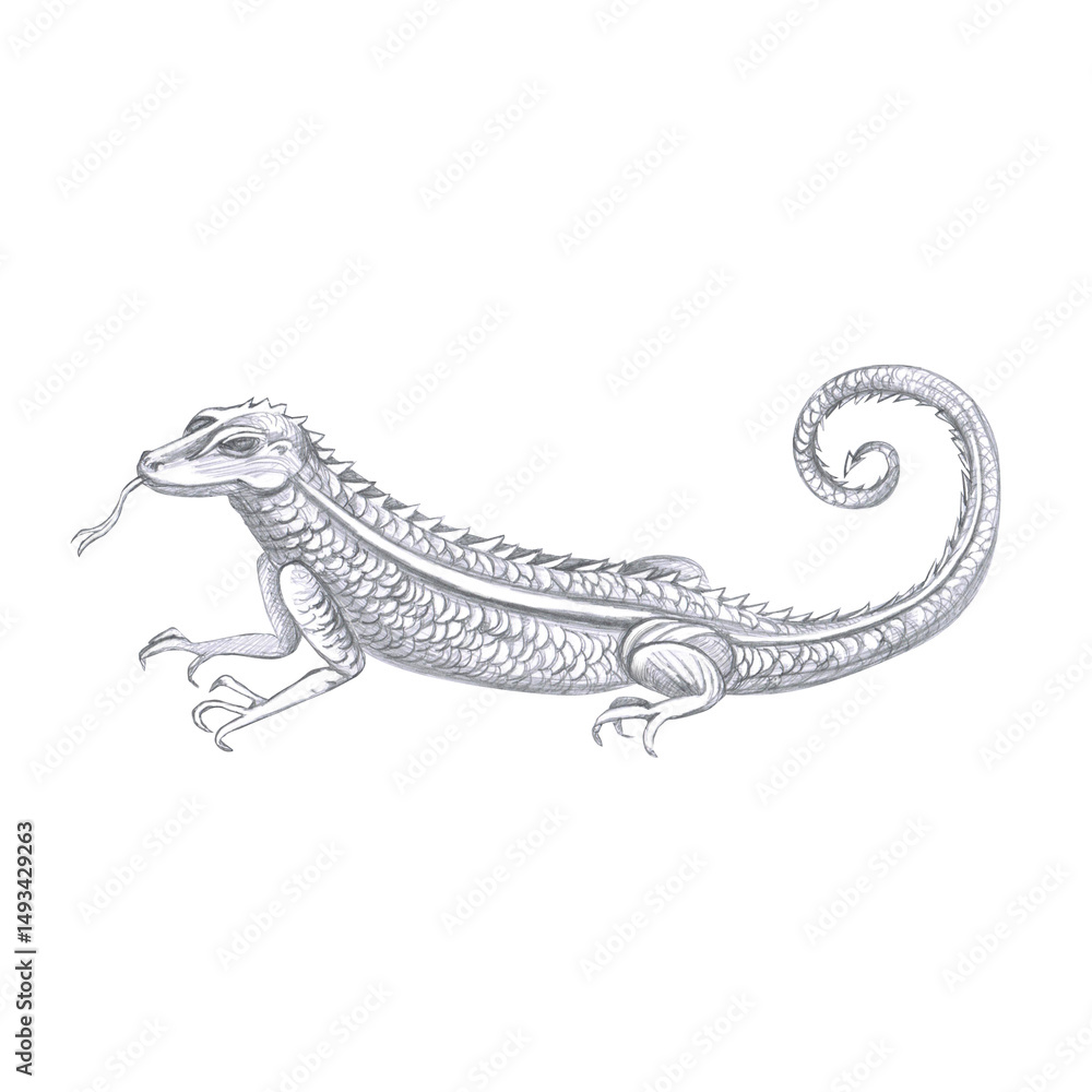Fototapeta premium Fantasy dragon side view. Isolated pencil illustration of a fairy lizard for halloween card design, books, poster and clothing printing