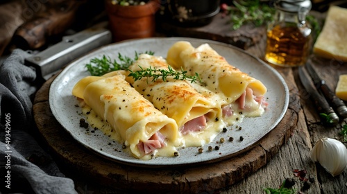 Delicious cannelloni pasta rolls with creamy sauce and ham recipe italian cuisine gourmet food closeup view