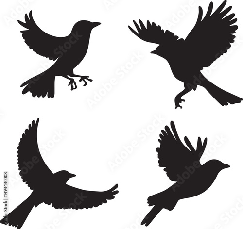 This artwork is digitally enhanced using AI and manually edited for quality. The image shows four black bird silhouettes in various flying poses.