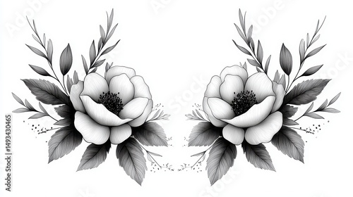 Black and White Floral Arrangement with Detailed Roses and Leaves Suitable for Elegant Design Projects