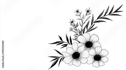 Elegant Black and White Floral Design with Anemone Flowers and Delicate Greenery for Decorative Purposes
