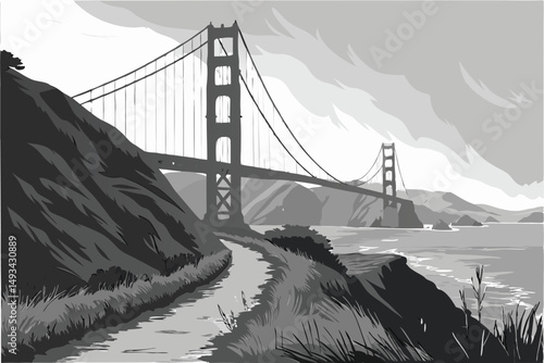  Black and white, dramatic landscape, Golden Gate Bridge, suspension bridge, iconic architecture, tall towers, winding path, tall grass, cloudy sky, urban scenery, moody atmosphere, dramatic lightin