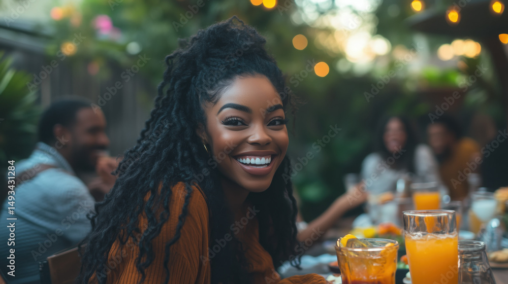 people laughing and sharing drinks at a cozy backyard brunch people laughing and sharing drinks at a cozy backyard brunch
