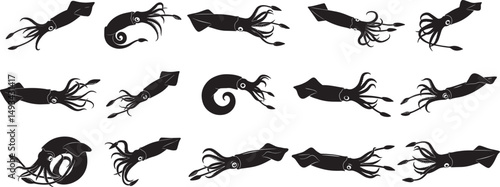 Squid silhouette vector graphics collection ocean animal illustration seafood design elements isolated set