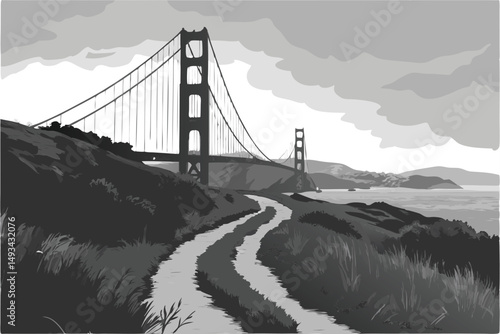  Black and white, dramatic landscape, Golden Gate Bridge, suspension bridge, iconic architecture, tall towers, winding path, tall grass, cloudy sky, urban scenery, moody atmosphere, dramatic lightin