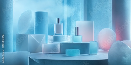 Minimalist cosmetic product display featuring icelike acrylic cubes and frosted glass bottles Subtle blue and white neon glow
