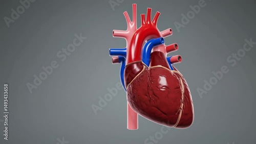 Detailed 3d anatomical heart rotation, revealing intricate network of veins and arteries against neutral gray background, highlighting cardiovascular complexity