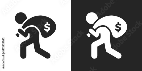 Thief carrying money bag, Robbery, Crime and Finance security icon symbol vector design