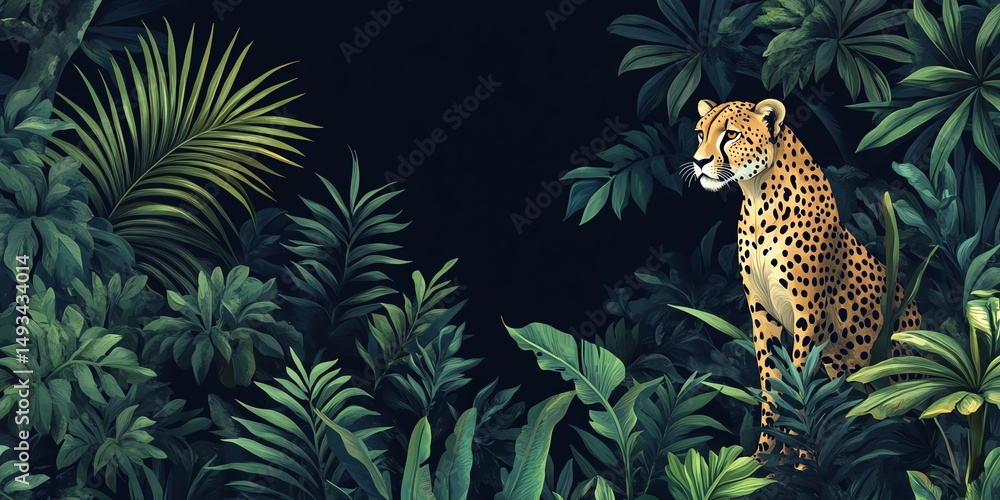 Naklejka premium Tropical forest with a cheetah, palm tree, plants, dark jungle seamless pattern illustration