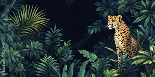 Fototapeta Naklejka Na Ścianę i Meble -  Tropical forest with a cheetah, palm tree, plants, dark jungle seamless pattern illustration