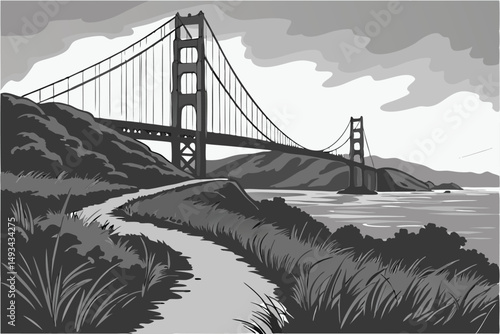  Black and white, dramatic landscape, Golden Gate Bridge, suspension bridge, iconic architecture, tall towers, winding path, tall grass, cloudy sky, urban scenery, moody atmosphere, dramatic lightin