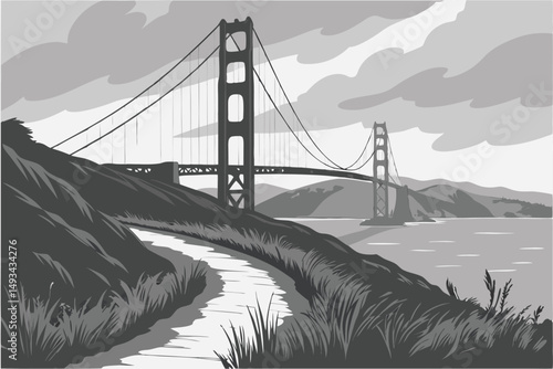  Black and white, dramatic landscape, Golden Gate Bridge, suspension bridge, iconic architecture, tall towers, winding path, tall grass, cloudy sky, urban scenery, moody atmosphere, dramatic lightin