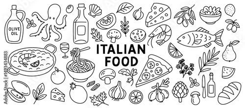 Minimal doodle scene capturing mediterranean food elements such as pasta, fish, and vegetables, evoking mediterranean lifestyle charm and flavor with mediterranean visual simplicity.