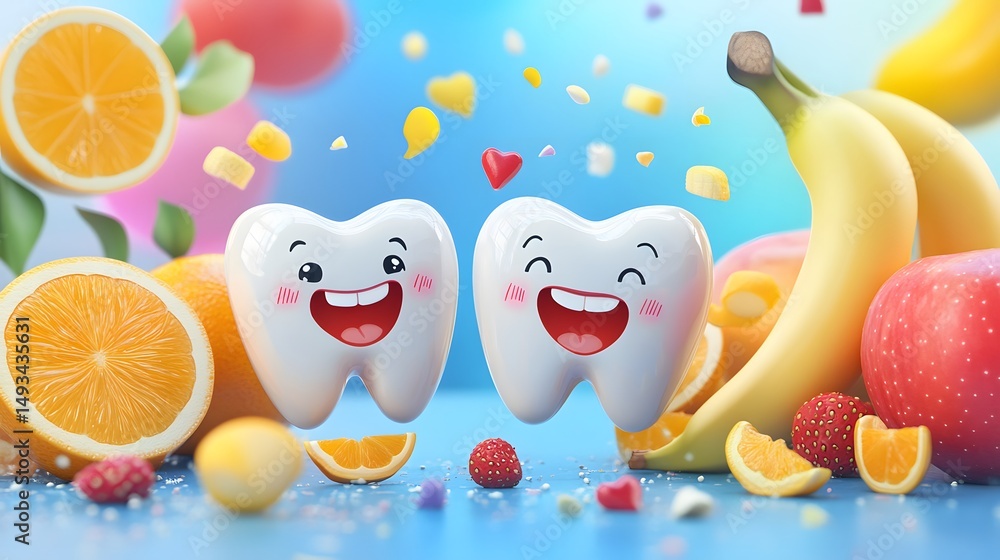 Fototapeta premium Healthy teeth and fruits for a happy smile.