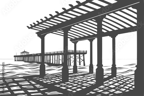  architectural pier with trellis over water, long exposure, high detail, dramatic lighting, black and white, cinematic, moody, atmospheric