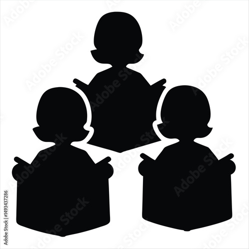 Three silhouettes of people reading books with a black and white background