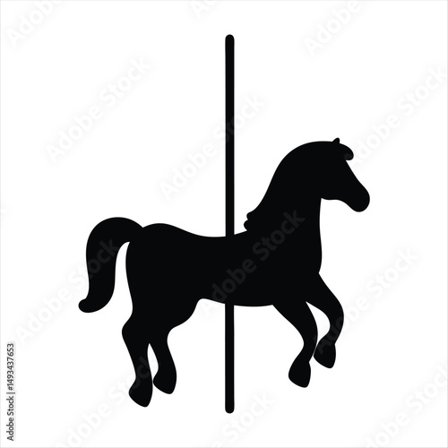 Carousel horse silhouette on a simple white background with a pole