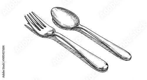 Detailed HandDrawn Illustration of Fork and Spoon with Shadowing - Line Art Vector 