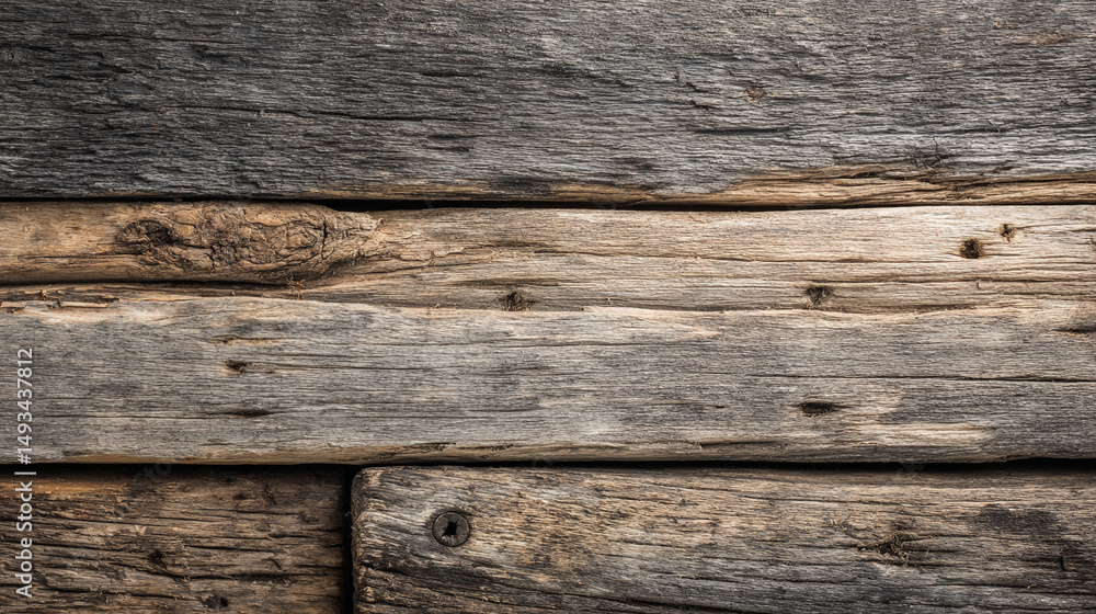 Fototapeta premium Rustic wood texture with aged planks, natural grain, and weathered surface, showcasing earthy tones and organic patterns for vintage, cozy atmosphere