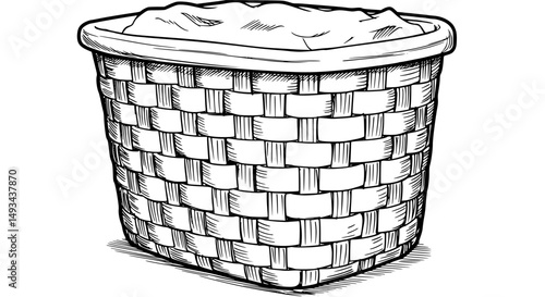 Detailed Line Drawing of a Woven Laundry Basket - Line Art Vector 