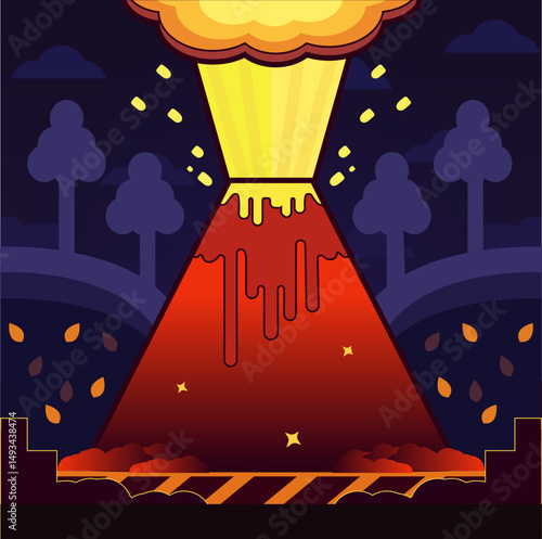 Stylized vector image of an erupting volcano. Bright lava erupts from the vent
