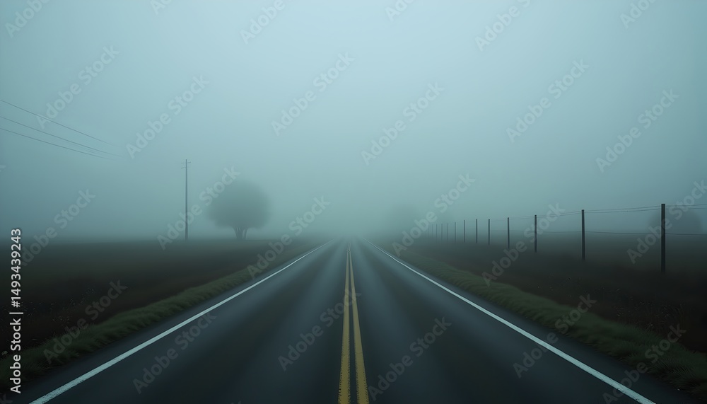 Fototapeta premium Vacant rural road stretching into fog, moody desaturated style
