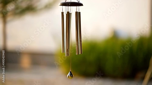Close-up of metal wind chimes hanging outdoors with blurred garden backdrop creating a peaceful and serene atmosphere.