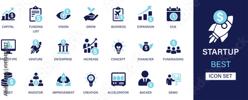Startup icon set collection. Capital, funding list, vision, growth, business, due, prototype, venture, concept, financier and best solid icon set. 