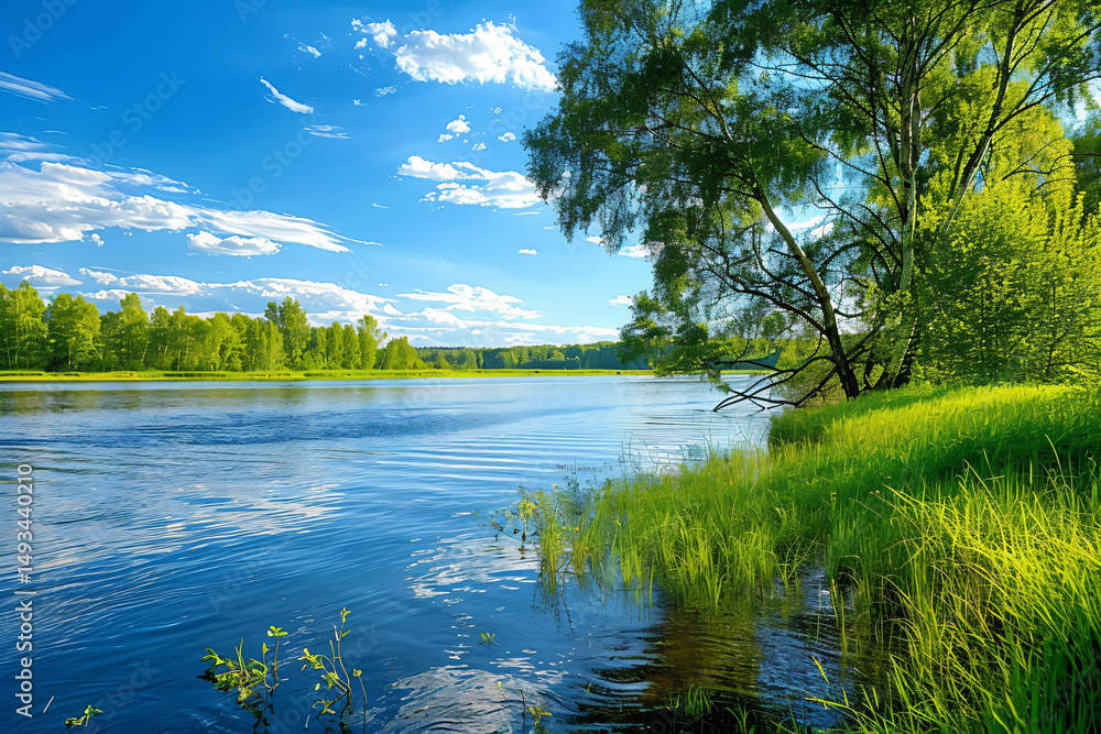 Fototapeta premium a river with a tree and grass in the foreground