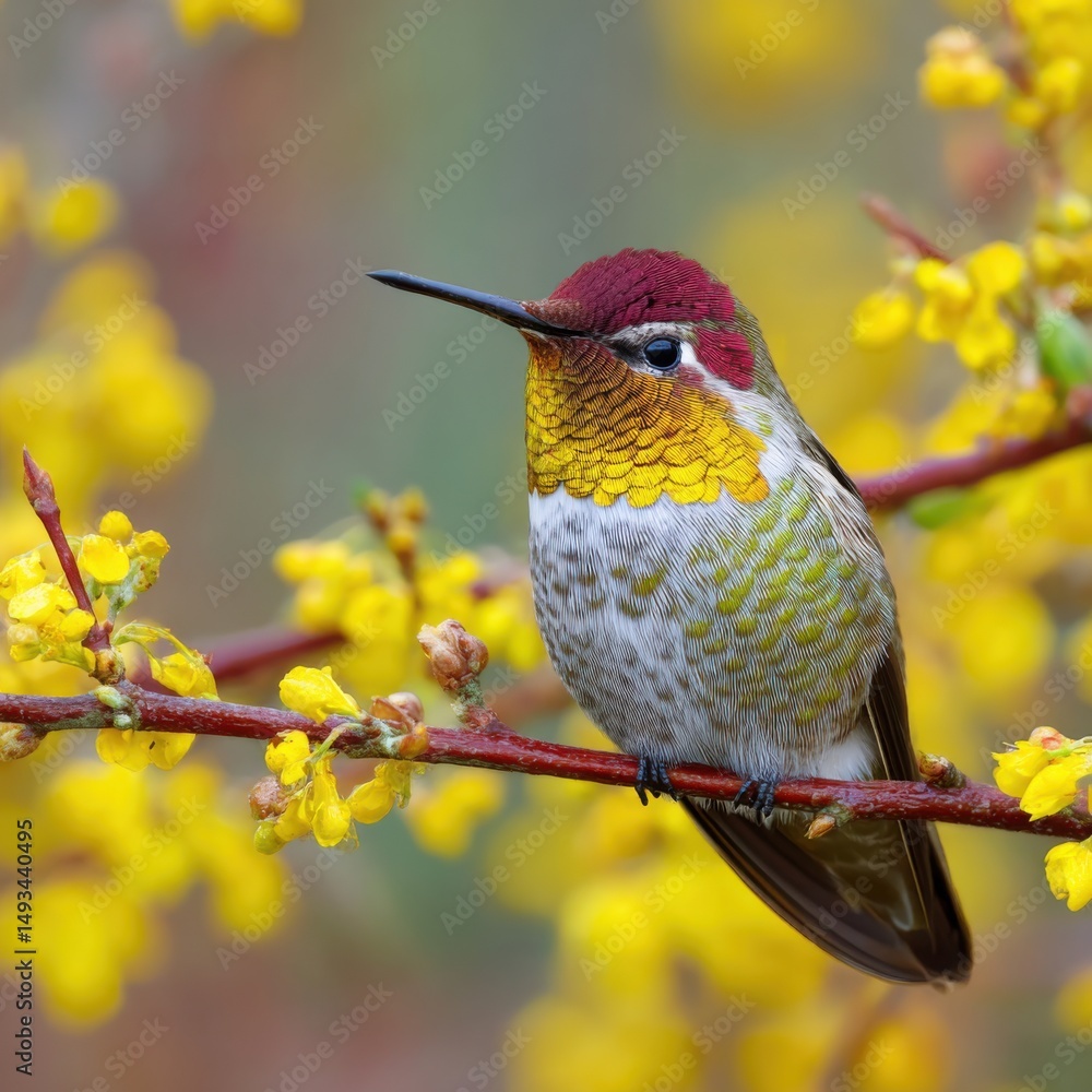 Obraz premium Anna's Hummingbird perched on flowering branch close up side view California birdwatching nature photography wildlife animal portrait