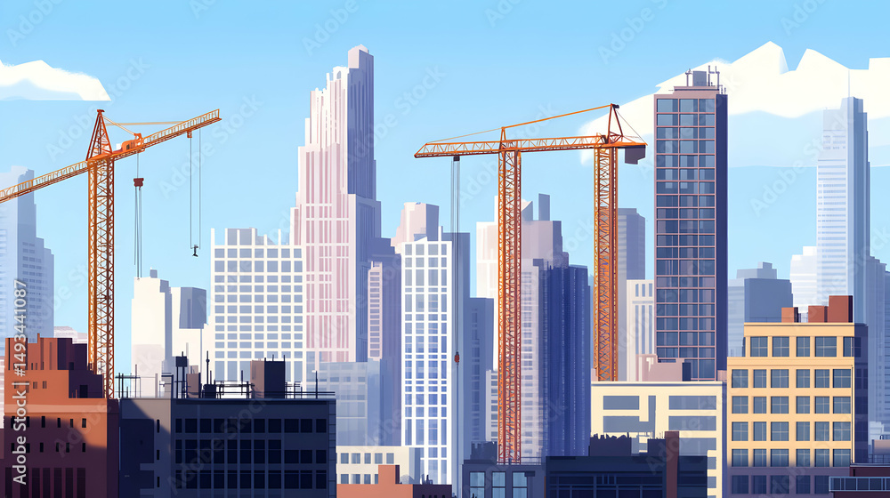 Fototapeta premium Modern City Skyline with Construction Cranes Under Blue Sky