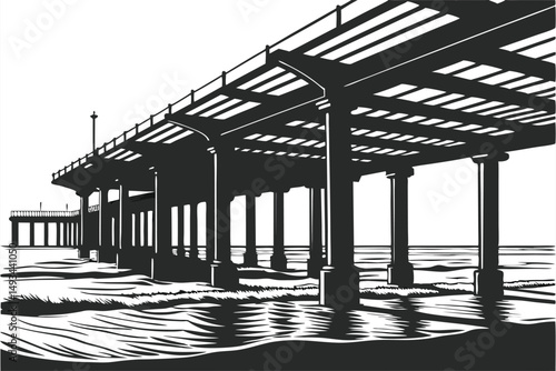  architectural pier with trellis over water, long exposure, high detail, dramatic lighting, black and white, cinematic, moody, atmospheric