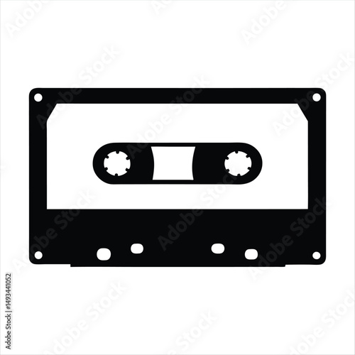 A stark black and white rendition of an audio cassette tape