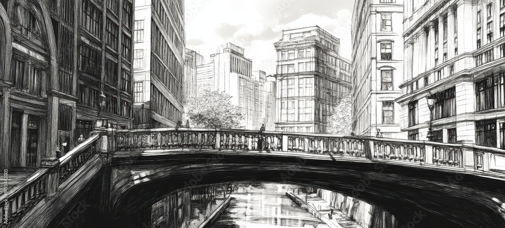 Obraz premium A black-and-white drawing of a bridge in a bustling city