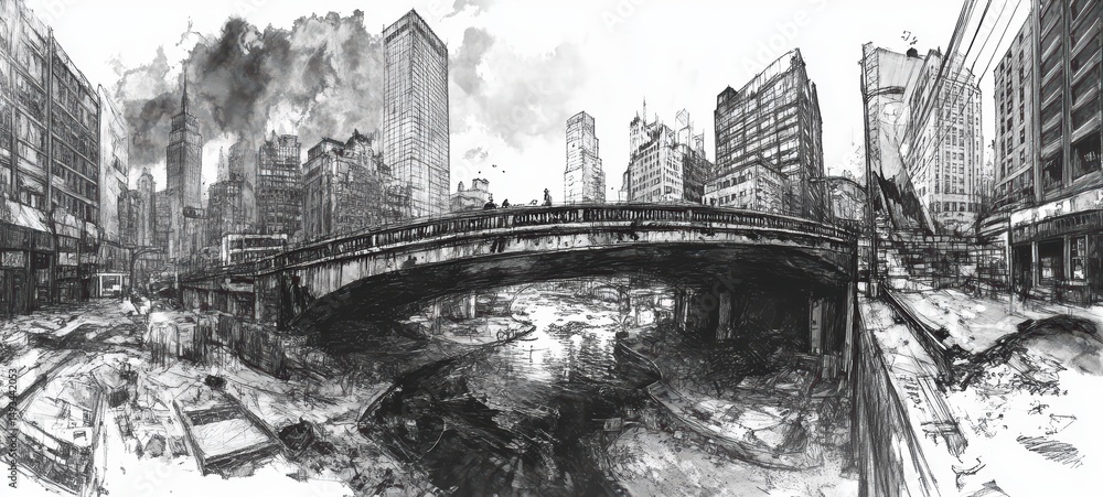 Obraz premium A black-and-white drawing of a bridge in a bustling city
