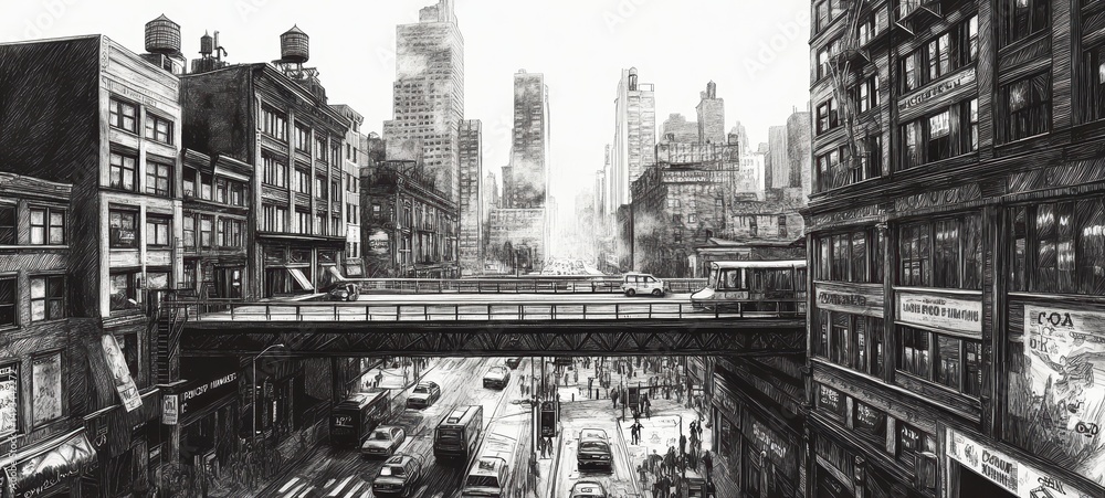 Obraz premium A black-and-white drawing of a bridge in a bustling city