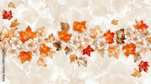Elegant Floral and Leaf Arrangement on Cream Marble Background for Seasonal Decor or Textile Design