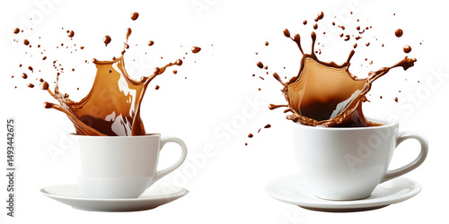 Single white coffee cup with energetic splash isolated on transparent PNG image perfect for cafÃ© advertising or branding
