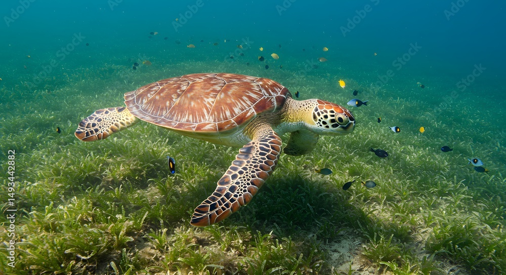 Naklejka premium Sea turtle swimming gracefully through seagrass surrounded by small colorful fish