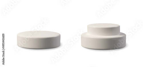 3d set white podiums. Three-dimensional vector illustration stage. Winner platform for product display, award ceremony, presentation, or competition scene. Realistic, abstract, for web, graphic use.