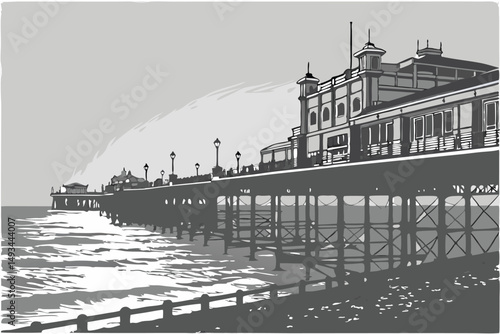  architecture, seascape, black and white, long exposure, pier, overwater, moody atmosphere, minimalist, dramatic lighting, coastal town, industrial, textured, gritty